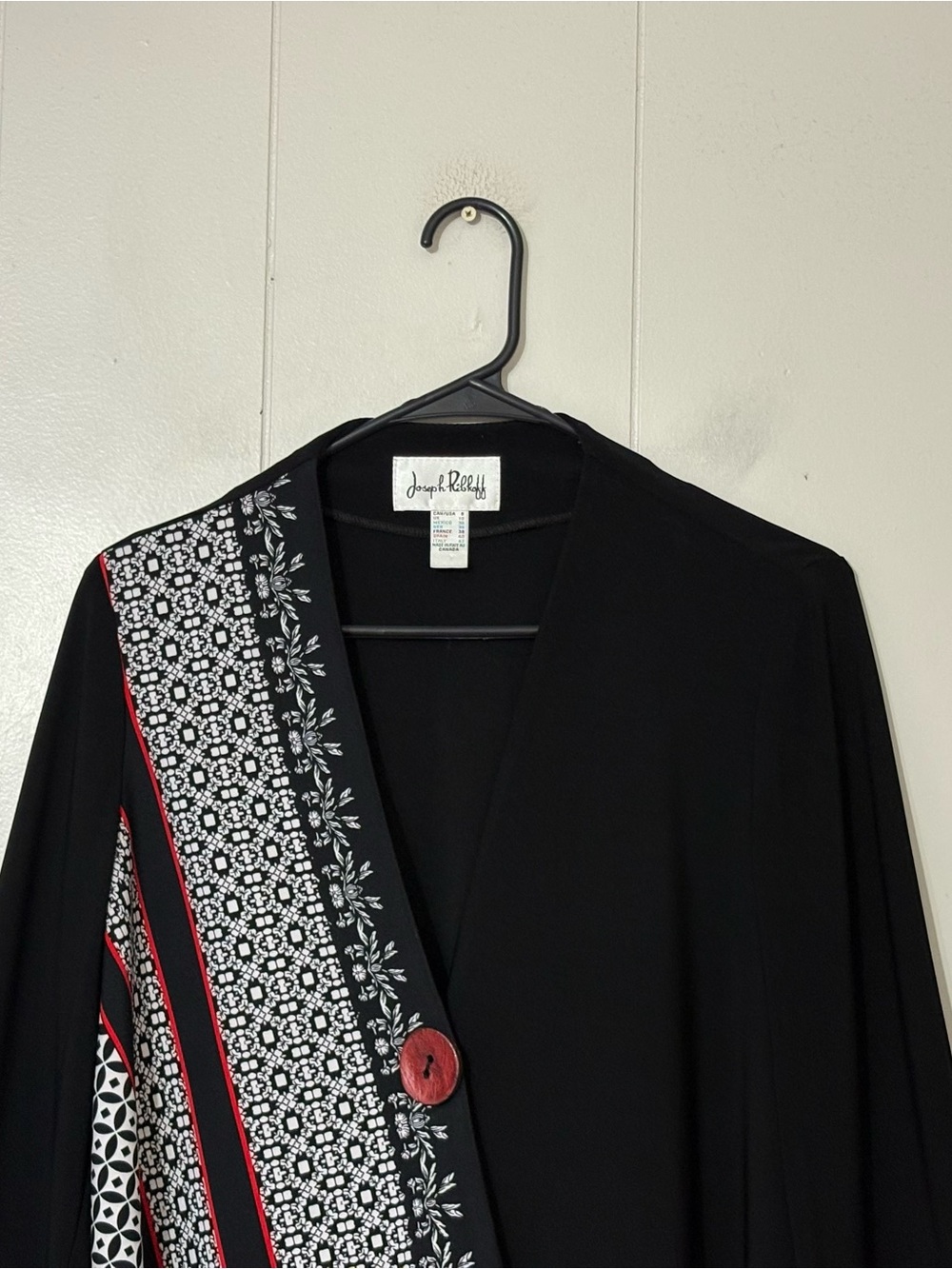 Joseph Ribkoff Asymmetrical Draped Cardigan Blazer Black White Red Size 8 - Picture 3 of 11